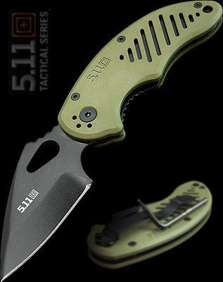 11 Tactical DRT Folding Knife Black Spear Point Moss Green FRN 