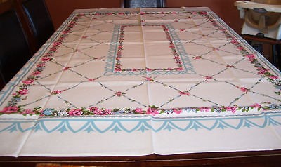   SCREEN PRINTS VINTAGE UNUSED PINK ROSES FLORAL TABLECLOTH, ORIG. TAG