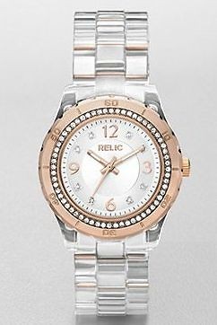 RELIC WOMENS CLEAR RESIN & ROSE GOLD TONE CRYSTAL WATCH ZR11901 MSRP $ 