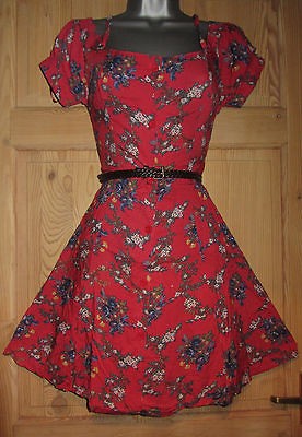 RED FLORAL 14 TEA VINTAGE 1940s 50s STYLE LANDGIRL WW2 RETRO DRESS 