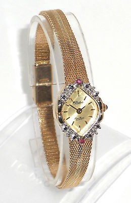   PICCARD WOMENS GOLD DRESS WATCH w/ DIAMONDS & RUBIES IN ROLEX POUCH