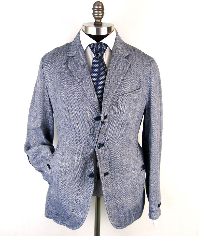 New REPORTER Italy Herringbone Linen/Suede Coat Jacket 50 M 40 40R 40S 