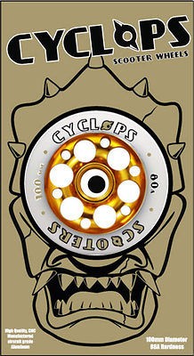 CYCLOPS SCOOTER WHEELS Aluminum CNC CUT 100mm Wheel GOLD/WHITE Metal 