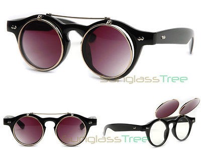   Retro FLIP UP KEYHOLE Clubmaster Sunglasses BLACK round wayfarer