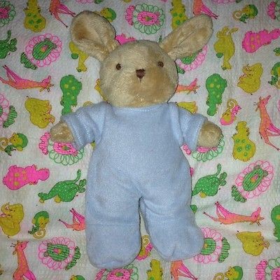 Russ Berrie BROWN Bunny RABBIT Rattle Stuff Toy BLUE Fleece Sleepers 8 