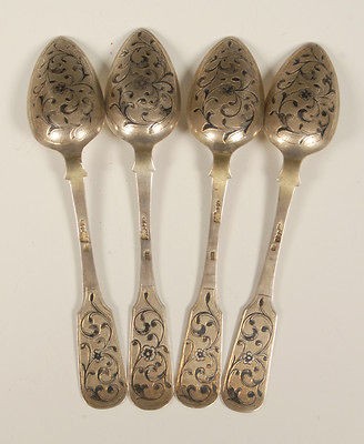 Antique Russian Set of 4 AK Niello Teaspoons Moscow 1855