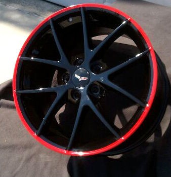 CORVETTE BLACK SPYDER/SPIDER WHEELS WITH CUSTOM STRIPED RED LIP FITS 