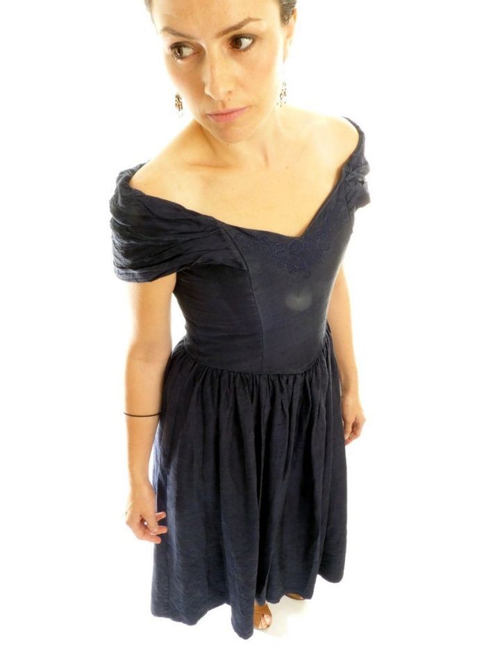 Stunning 80s Navy Prom Style Goth Laura Ashley Boned Silk Dress 10 