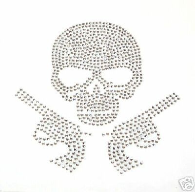 HUGE CLEAR RHINESTONE SKULL GUN PISTOL IRON ON HOT FIX