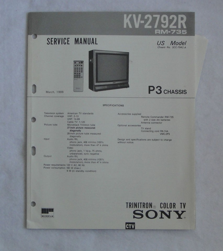 SONY KV 2792R RM 735 TRINITRON COLOR TV SERVICE MANUAL