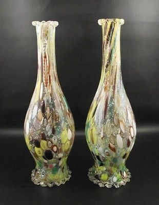   Glass Vases~Applied Rigaree Scrambled Canes~Italy Barber Bottles