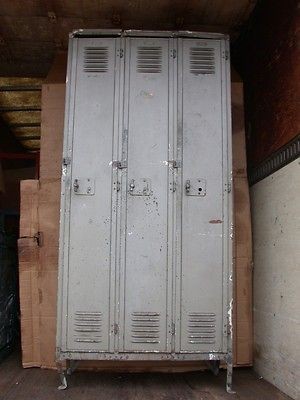 RARE VINTAGE METAL INDUSTRIAL DESIGN 3 LOCKER CABINET 80 1/2H x 37 1 