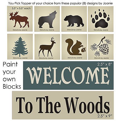 STENCIL Welcome Woods Rustic Bear Moose Wolf Tree Pinecone Squirrel 