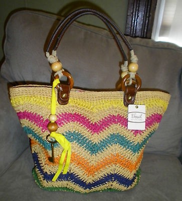 FOSSIL HATHAWAY STRAW SHOPPER MULTI Stripe $88 NWT VINTAGE