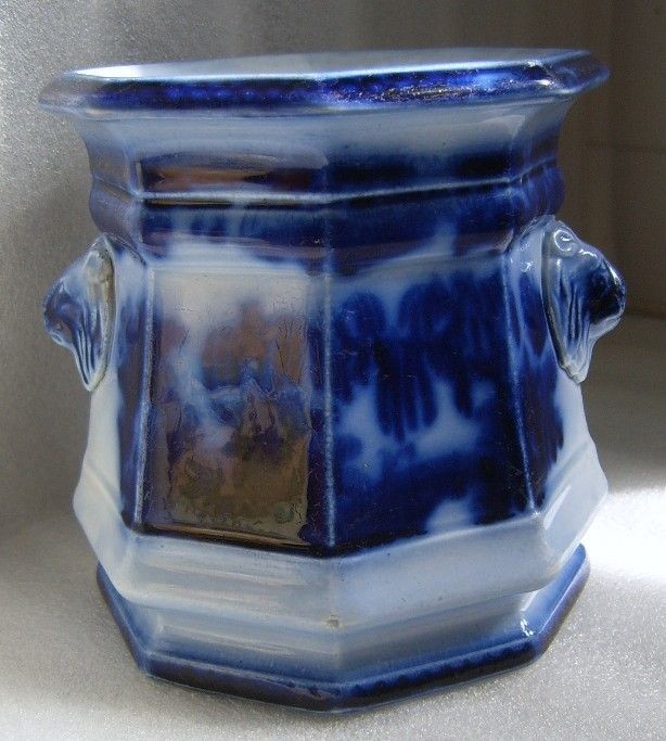   FLOW BLUE STAFFORDSHIRE IRONSTONE SUGAR BOWL JAR LION HANDLES no lid