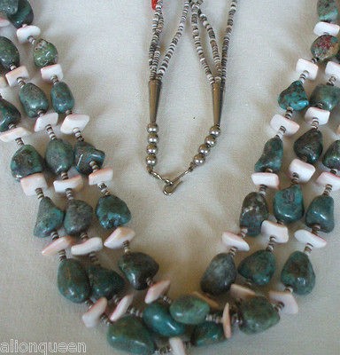   SANTO DOMINGO Kewa 3 Strand TURQUOISE & SHELL Sterling HEISHI Necklace