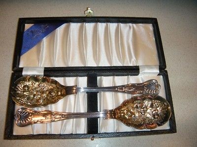   ADAMS SHEFFIELD SERVING SPOON & FORK ORNATE GOLD & SILVER & BOX