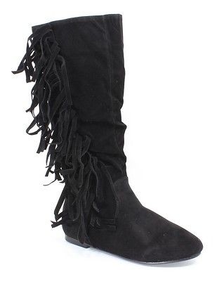 Yoki Womens Mudd Fringe Mid Calf Boot Black Faux Suede NIB 8.5 Fits 