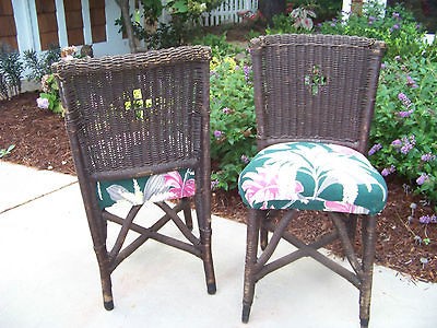 PAIR ANTIQUE WICKER/woven fibre CHAIRS gothic cross on back barkcloth 