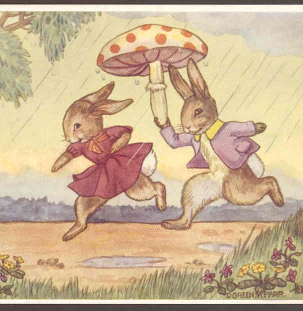   RABBIT SHELTERS BUNNY FROM RAIN WITH MUSHROOM UMBRELLA,POSTCARD