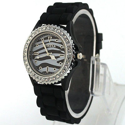 Charming Black Zebra Unisex Womens Teenagers Silicon Jelly Wristwatch 