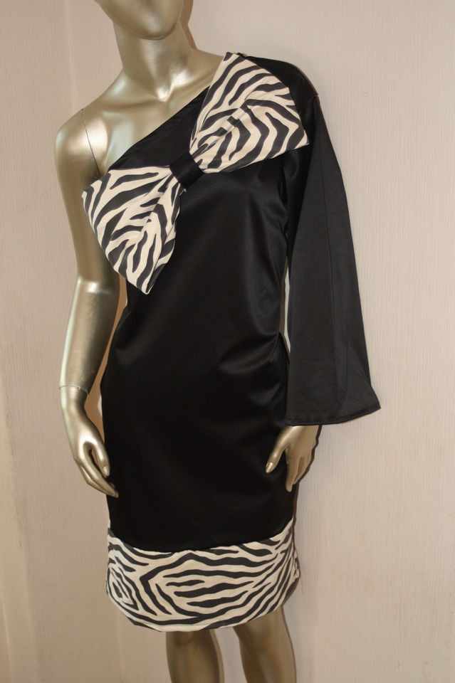   BLACK SATIN DRESS WITH ZEBRA PRINT LARGE BOW & HEM. WEDDING GUEST