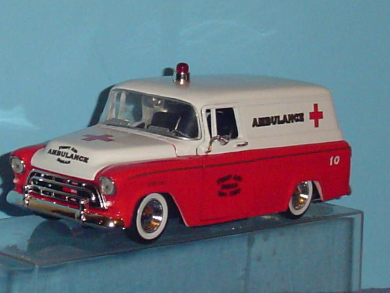 1957 CHEVY AMBULANCE 124 RED & WHITE PANEL TRUCK JADA