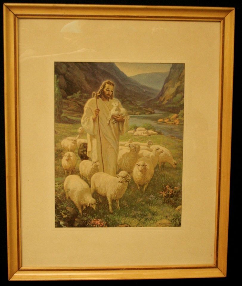 Framed Religious Print Warner Sallman Jesus with his flock Figure and 