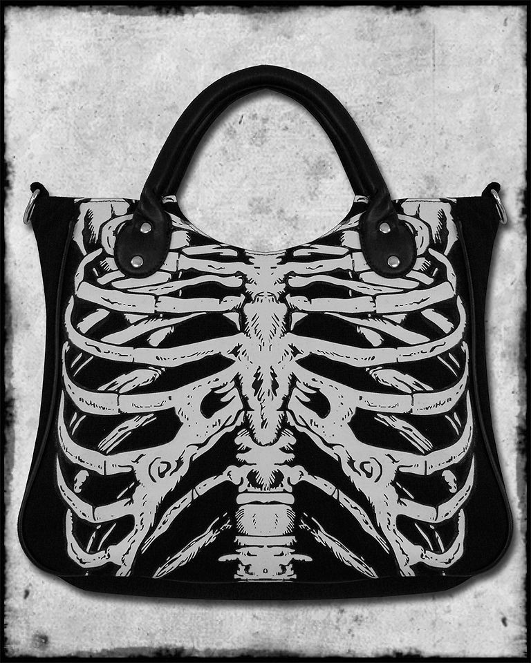 BANNED BLACK WHITE GOTH PUNK SKELETON RIBCAGE GLOW IN THE DARK HANDBAG 