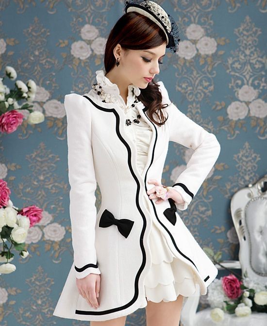   long sleeve white elegant Princess wave bow Wool jacket coat 4 SIZE