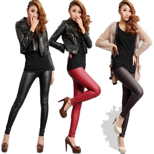 Sexy Womens Shiny Stretch Low Waist Skinny Faux PU Leather Tight 