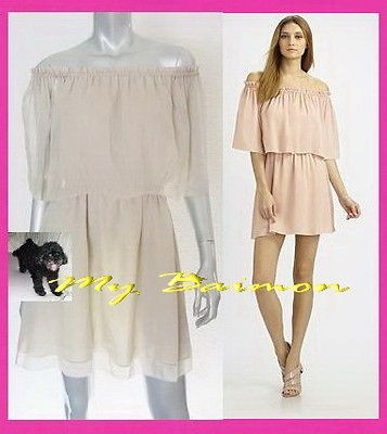 HALSTON Heritage $365~Gorgeous♥ Sand SILK Shirred Off the Shoulder 