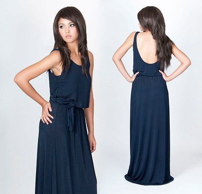   Dark Navy Blue Sexy Sleeveless Backless Party Evening Maxi Dress S M