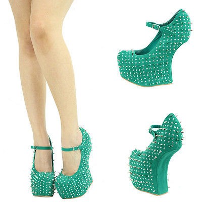 SEA GREEN SPIKE STUDDED MARY JANE HIGH HEEL LESS PLATFORM WEDGE PUMP 