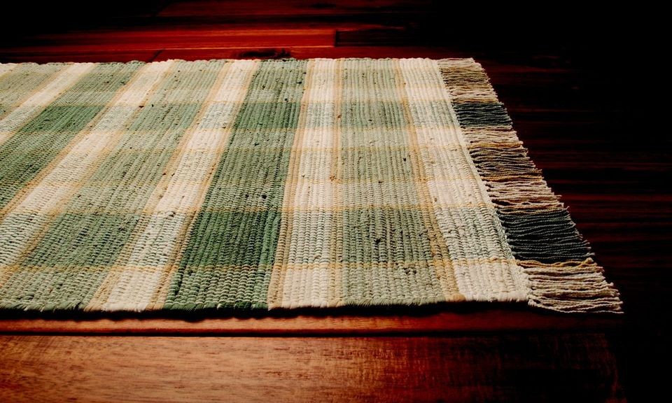 Homespice Cotton Ivory Beige Lt. Sage Kennebunk Woven Fringed Rag Rug