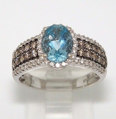 LeVian 14K White Gold Aquamarine Chocolate Diamond Ring Size 6.5