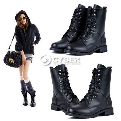 Fashion Womens Black PUNK Military Army Knight Lace up Short Boots 