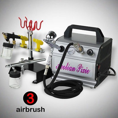 New 3 Airbrush Pro Kit Compressor Dual Action Brush Hose Holder Quick 