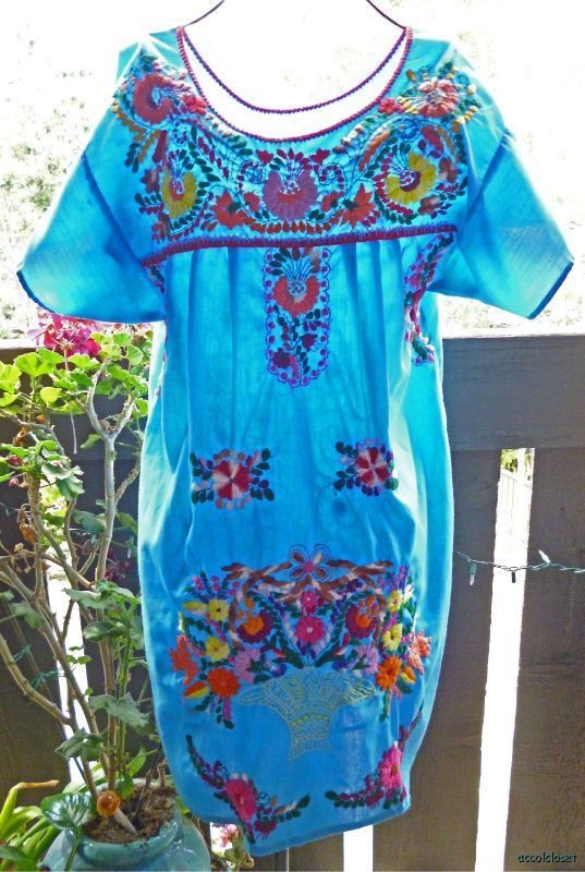 Mexican Embroidered Vintage Dress Flowers Basket Crochet Short Tunic 