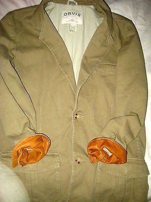 ORVIS SPORTSMAN TRAVELERS RUGGED KHAKI CANVAS COTTON LEATHER JACKET 