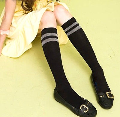 Candy Black Knee High Gray Stripes Tube Socks costume school soccer 