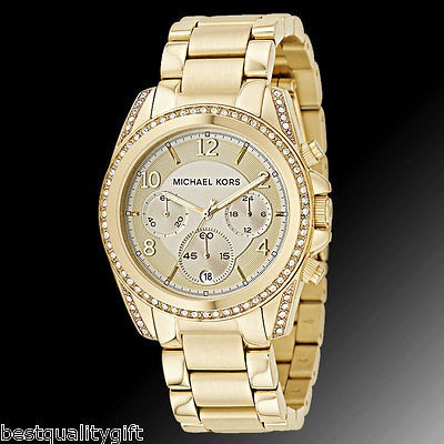 MICHAEL KORS GOLD S/STEEL BLAIR CRYSTALS GLITZ CHRONOGRAPH WATCH 