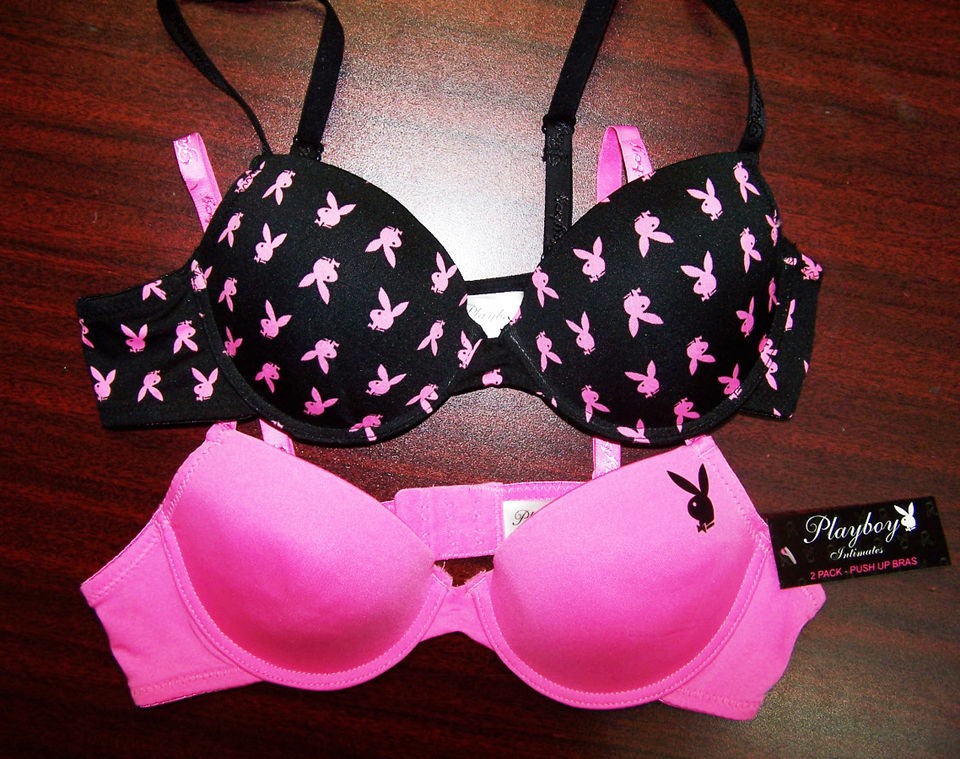 PACK* NEW PLAYBOY Bunny Head Black & Pink PUSH UP T Shirt Bras 34B 