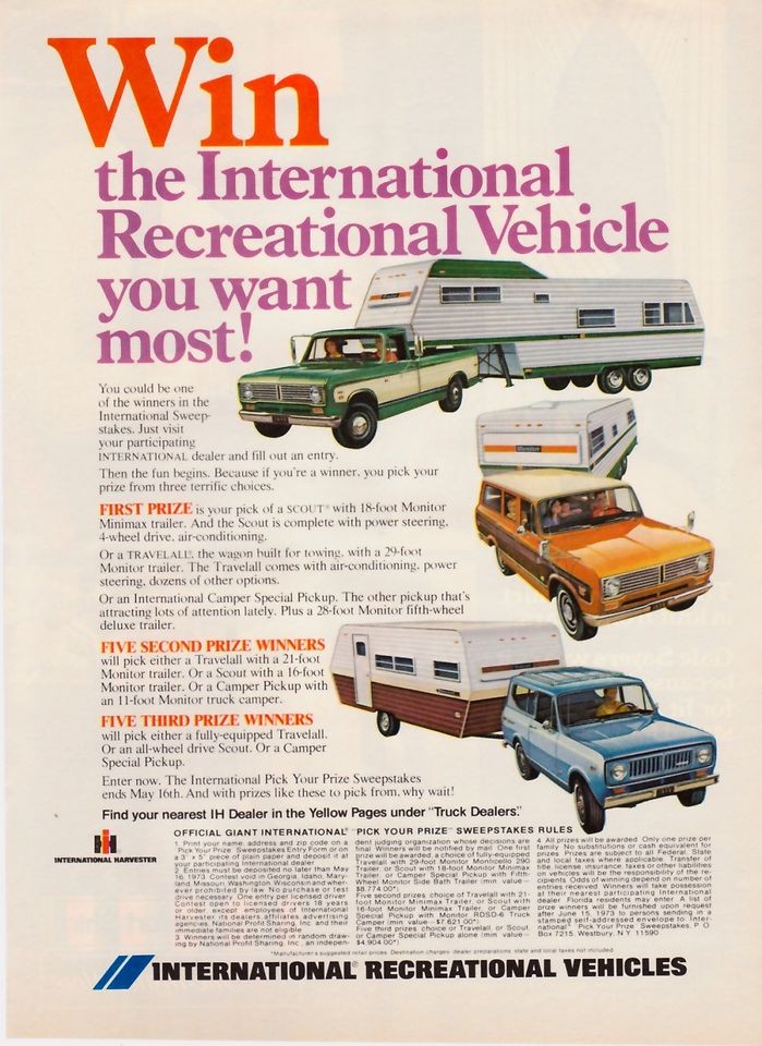 1973 Monitor travel trailers International trucks ad