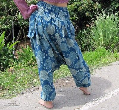 Printed Cotton Smock Waist MC Hammer Harem Mao Pants   Cerulean Blue 