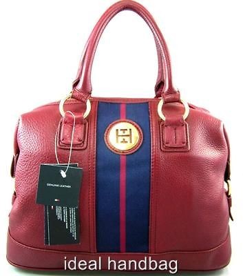 NEW NWT TOMMY HILFIGER $198 RED BLUE LEATHER BOWLER SATCHEL BAG