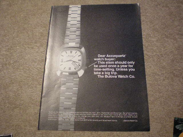 1974 Bulova Accuquartz Watch Ad Stem Used Only Once a Year for Time 
