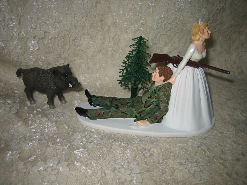 FUNNY CAMO HUNTER HUNTING WEDDING CAKE TOPPER WILD HOG BOAR