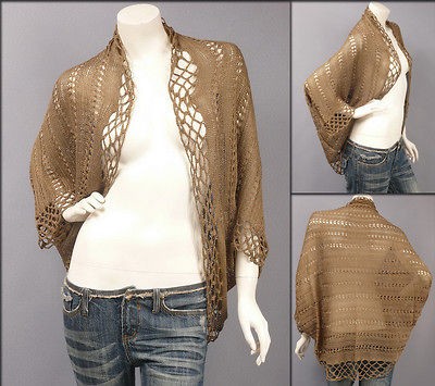 Khaki Crocheted Bolero Shrug Crop Sweater Cardigan L