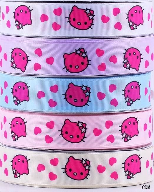 Printed Cat Face Satin Woven Ribbon Grosgrain Riband hairbow Craft 